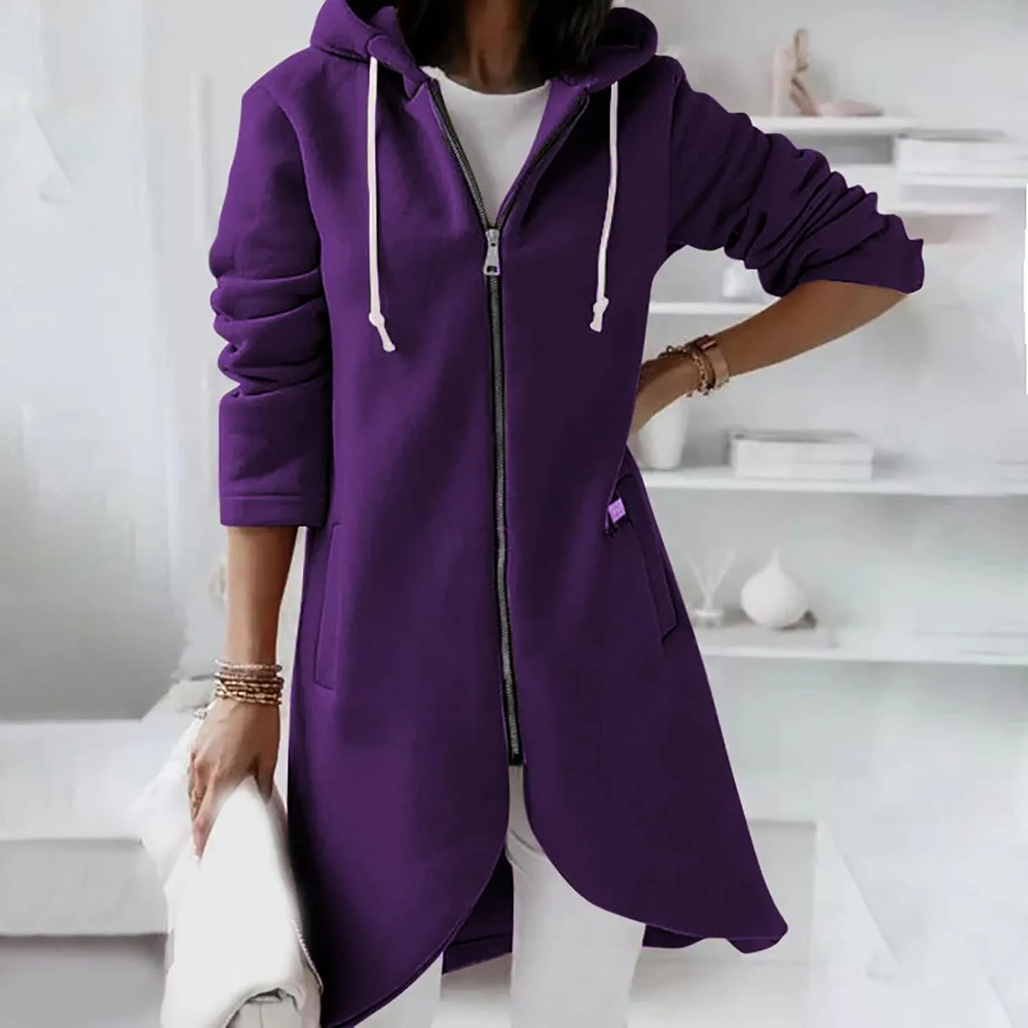fartey Zip Up Hoodie Women Casual Oversized Long Hoodies Long Sleeve Drawstring Asymmetrical Tunic Sweatshirts With Pockets