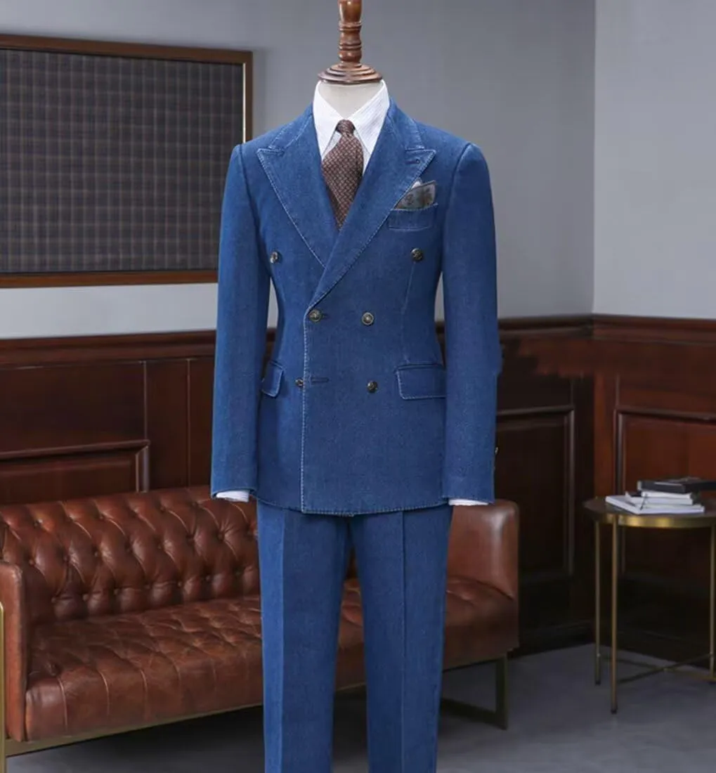 Fashion Denim Suits for Men Double Breasted Prom Tuxedos Peak Lapel 2 Pieces Blazer Pants for Evening Party