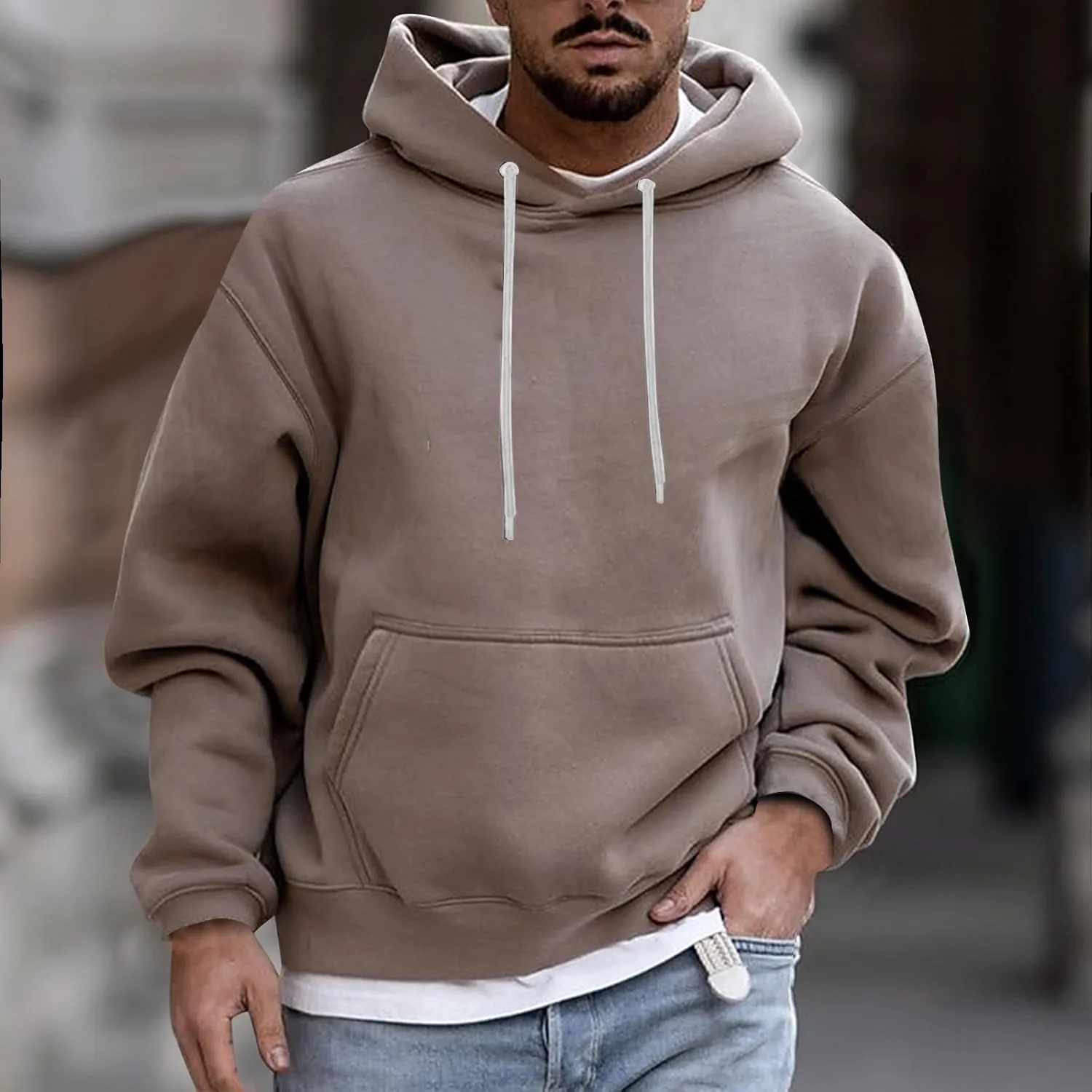 Fashion Hoodies for Men Plus Size Solid Long Sleeve Drawstring Pullover 2024 Fall Winter Hooded Sweatshirts