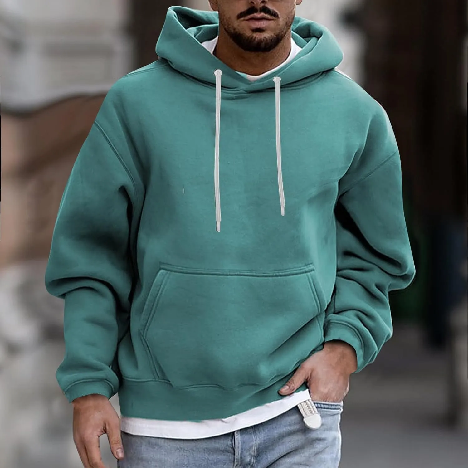 Fashion Hoodies for Men Plus Size Solid Long Sleeve Drawstring Pullover 2024 Fall Winter Hooded Sweatshirts