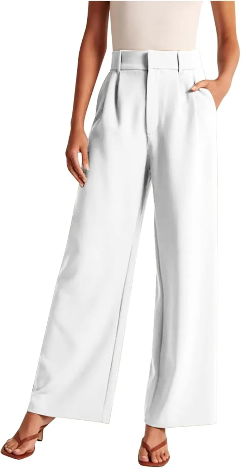 Firzero Women Linen Pants Trendy Summer Palazzo Boho Wide Leg Pants Elastic High Waist Lounge Pant Beach Flowy Casual Trousers with Pockets
