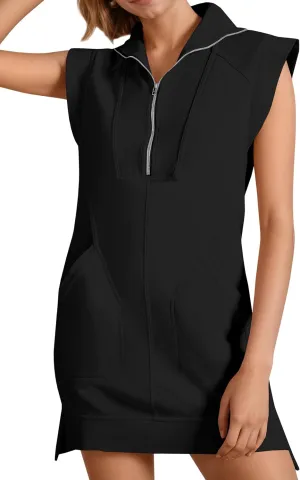 Fisoew Womens Summer Half Zip Sweatshirt Dresses V Neck Collared Sleeveless Workout Tunic Mini Dress