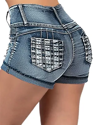 Flamingals Women's Ripped Stretchy Jean Shorts Mid Rise Skinny Denim Shorts Distressed Frayed Raw Hem Casual Summer Shorts