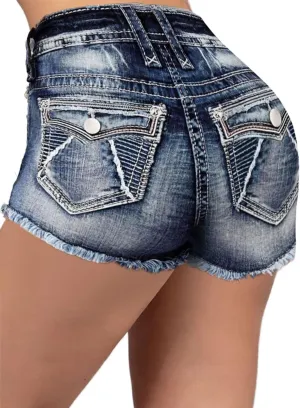 Flamingals Women's Ripped Stretchy Jean Shorts Mid Rise Skinny Denim Shorts Distressed Frayed Raw Hem Casual Summer Shorts