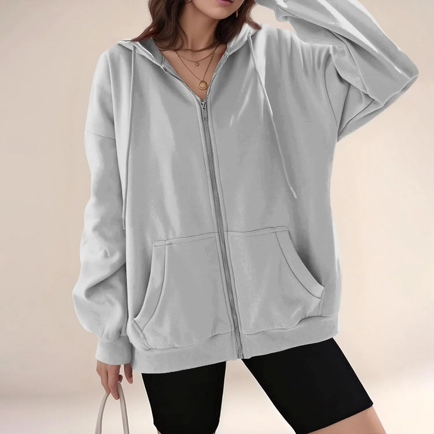 Fleece Zip Up Hoodie Women Oversized Drawstring Hooded Sherpa Jacket Full Zipper Baggy Fuzzy Sweatshirts with Pockets