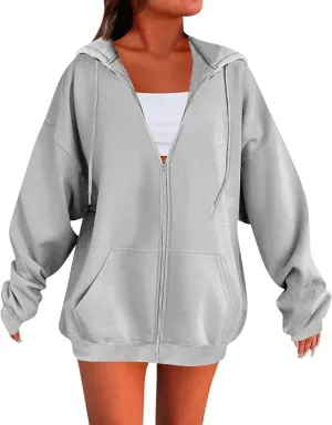 Fleece Zip Up Hoodie Women Oversized Drawstring Hooded Sherpa Jacket Full Zipper Baggy Fuzzy Sweatshirts with Pockets