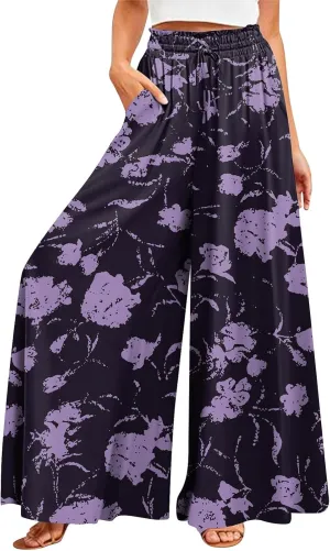 FlekmanArt Women's 2025 Summer Wide Leg Palazzo Pants High Waisted Flowy Pockets Trendy Casual Lounge Boho Beach Trouser