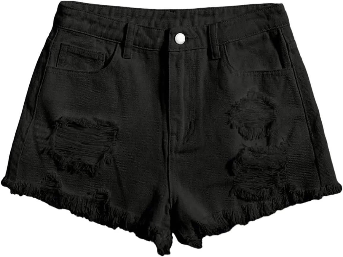 Floerns Girls Ripped Raw Trim Shorts High Waist Straight Leg Denim Shorts