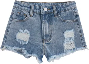 Floerns Girls Ripped Raw Trim Shorts High Waist Straight Leg Denim Shorts