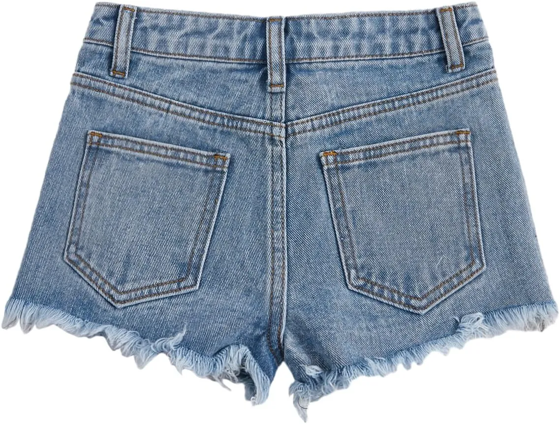 Floerns Girls Ripped Raw Trim Shorts High Waist Straight Leg Denim Shorts
