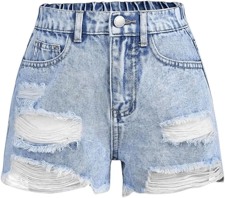 Floerns Girls Ripped Raw Trim Shorts High Waist Straight Leg Denim Shorts