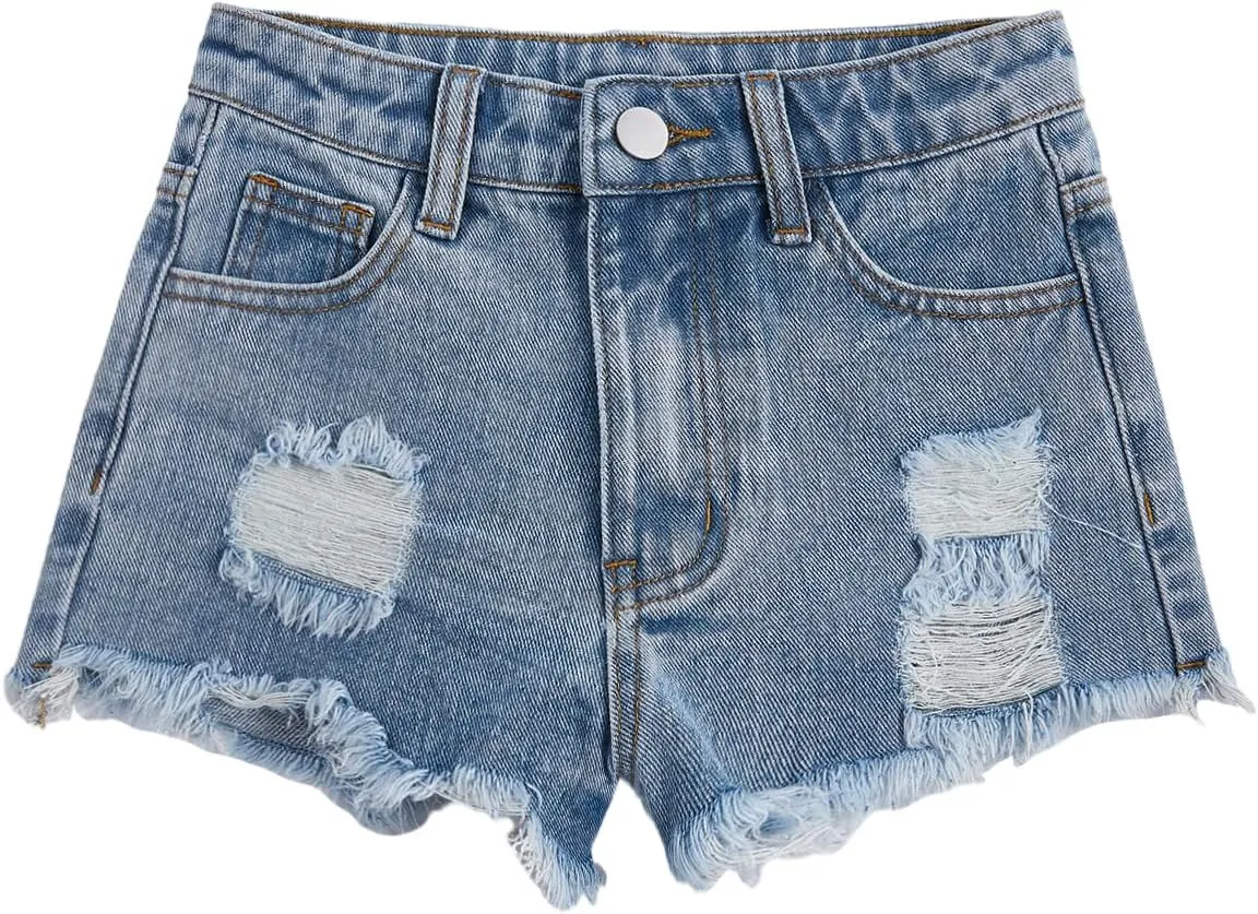 Floerns Girls Ripped Raw Trim Shorts High Waist Straight Leg Denim Shorts