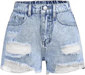 Floerns Girls Ripped Raw Trim Shorts High Waist Straight Leg Denim Shorts