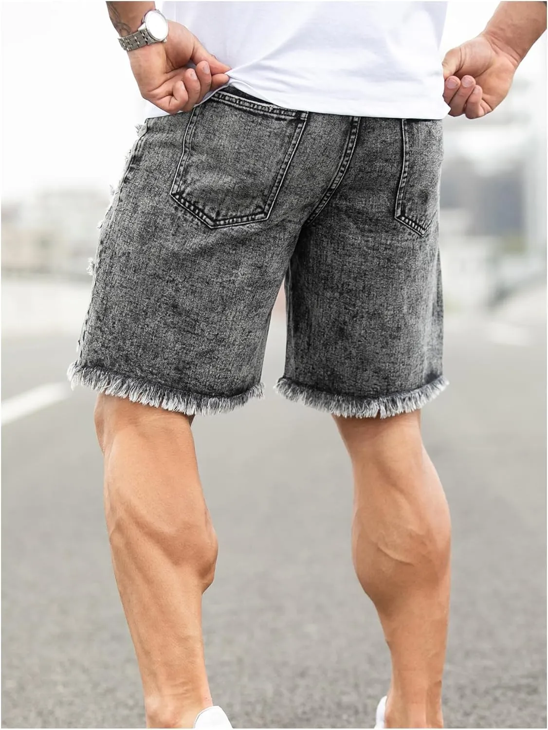 Floerns Men's Ripped Raw Hem Denim Shorts Plain Frayed Bermuda Jeans Shorts