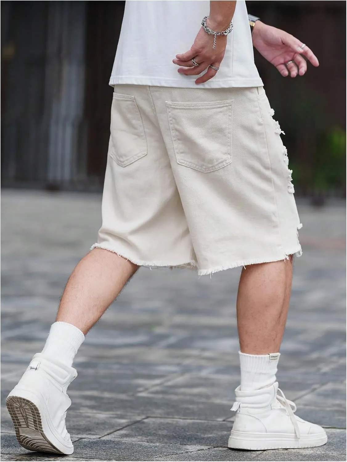 Floerns Men's Ripped Raw Hem Denim Shorts Plain Frayed Bermuda Jeans Shorts