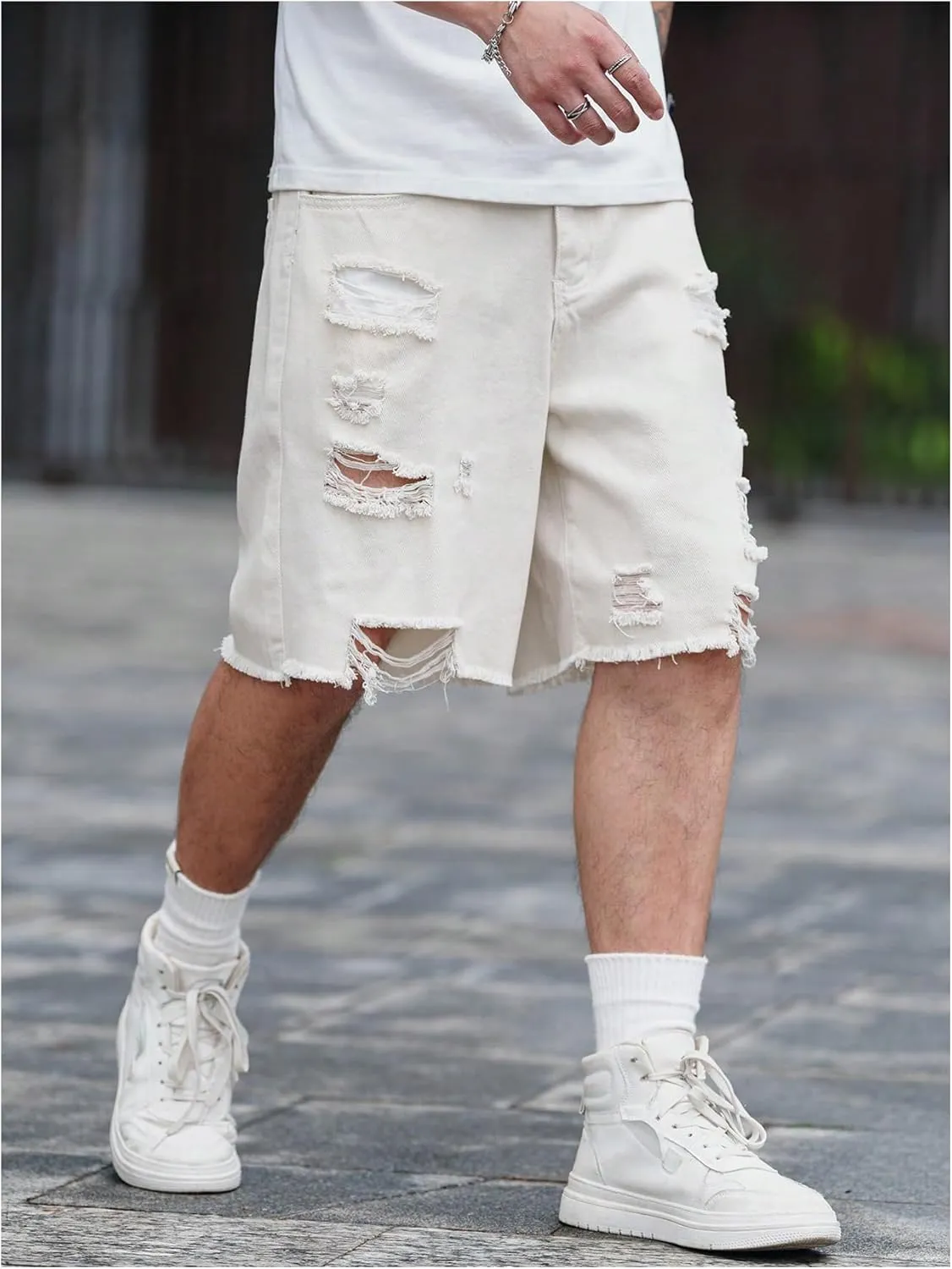 Floerns Men's Ripped Raw Hem Denim Shorts Plain Frayed Bermuda Jeans Shorts
