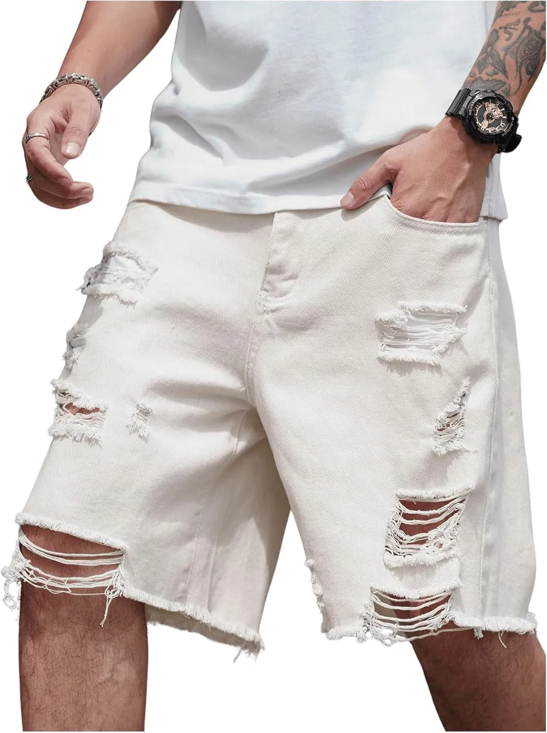 Floerns Men's Ripped Raw Hem Denim Shorts Plain Frayed Bermuda Jeans Shorts