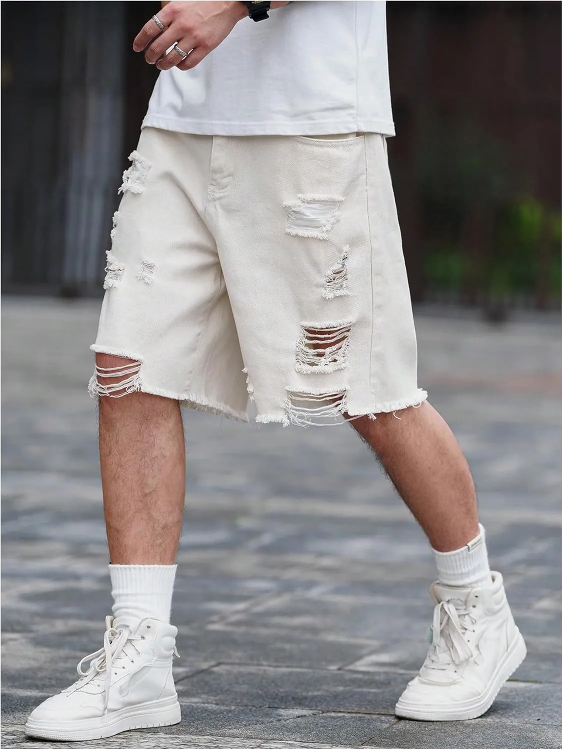 Floerns Men's Ripped Raw Hem Denim Shorts Plain Frayed Bermuda Jeans Shorts