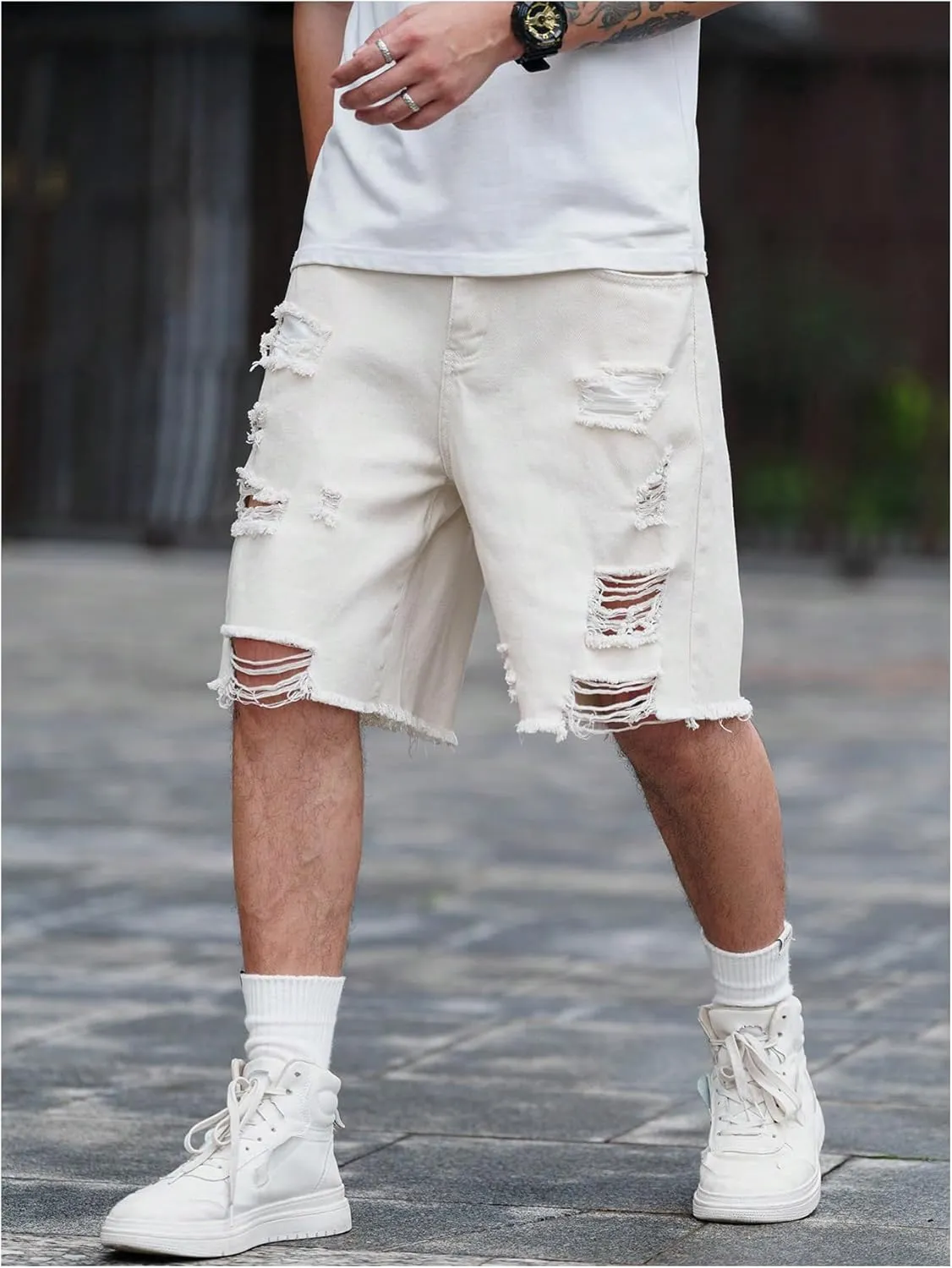 Floerns Men's Ripped Raw Hem Denim Shorts Plain Frayed Bermuda Jeans Shorts
