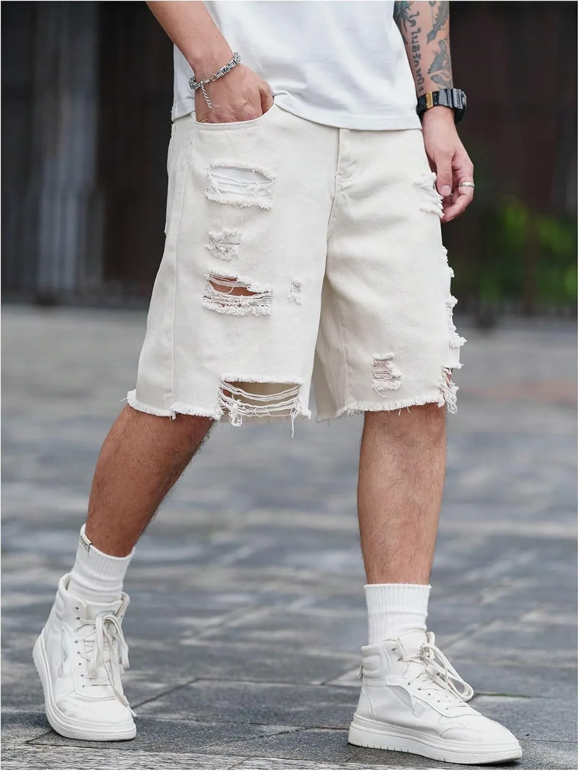 Floerns Men's Ripped Raw Hem Denim Shorts Plain Frayed Bermuda Jeans Shorts