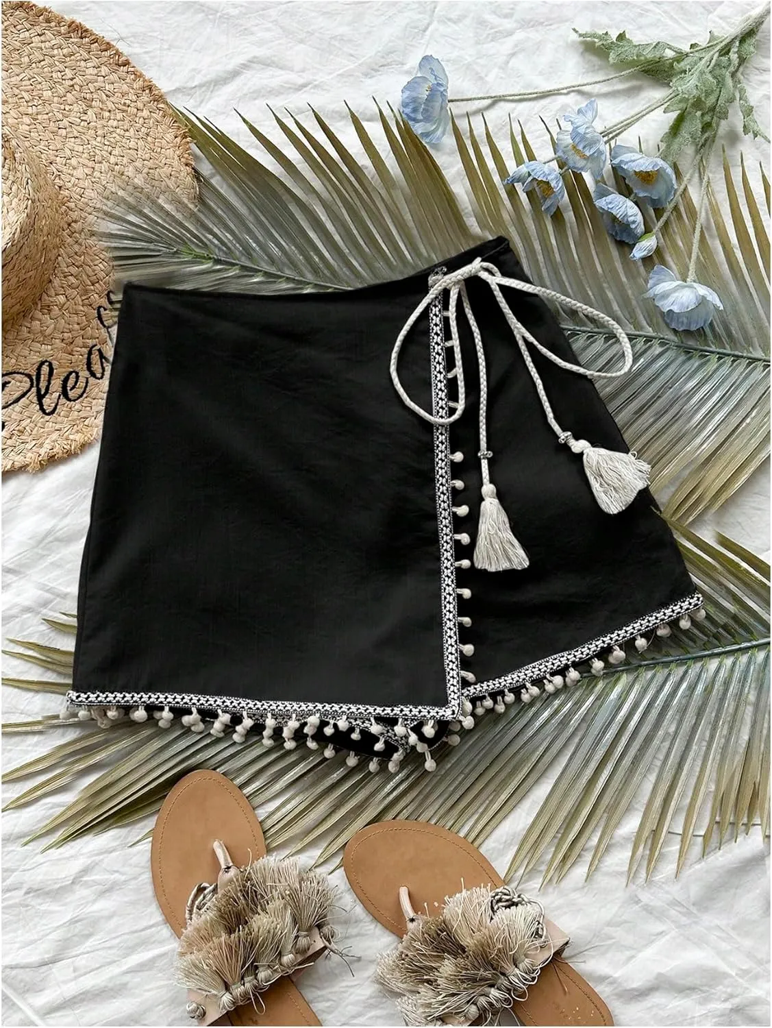 Floerns Women's Asymmetrical Hem Wrap Skirt Shorts Drawstring Side Tassel Binding Skort Shorts
