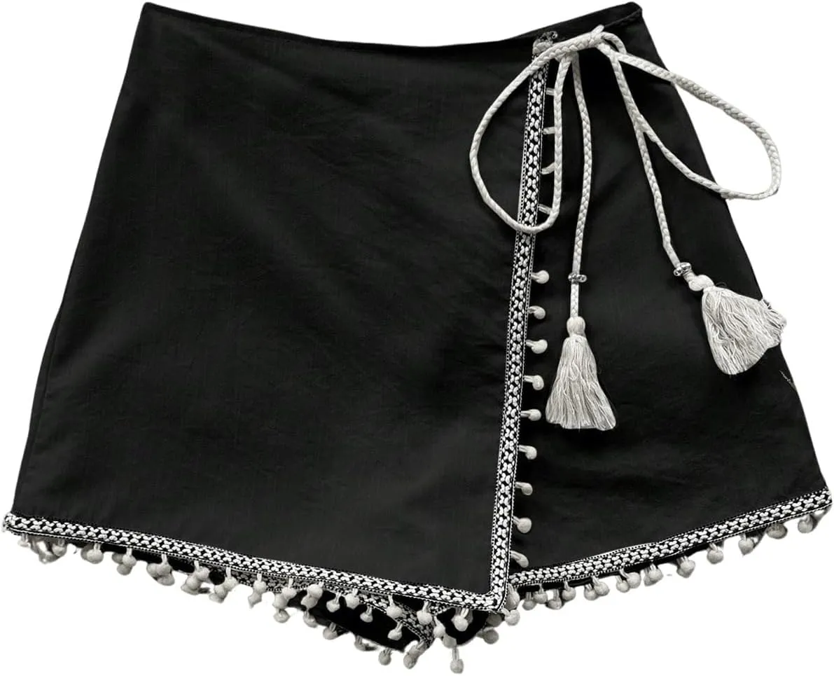 Floerns Women's Asymmetrical Hem Wrap Skirt Shorts Drawstring Side Tassel Binding Skort Shorts
