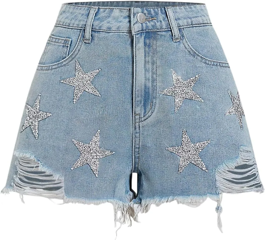 Floerns Women's Y2k Denim Shorts Sparkly Star Ripped Raw Hem Club Jean Shorts