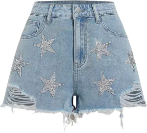 Floerns Women's Y2k Denim Shorts Sparkly Star Ripped Raw Hem Club Jean Shorts
