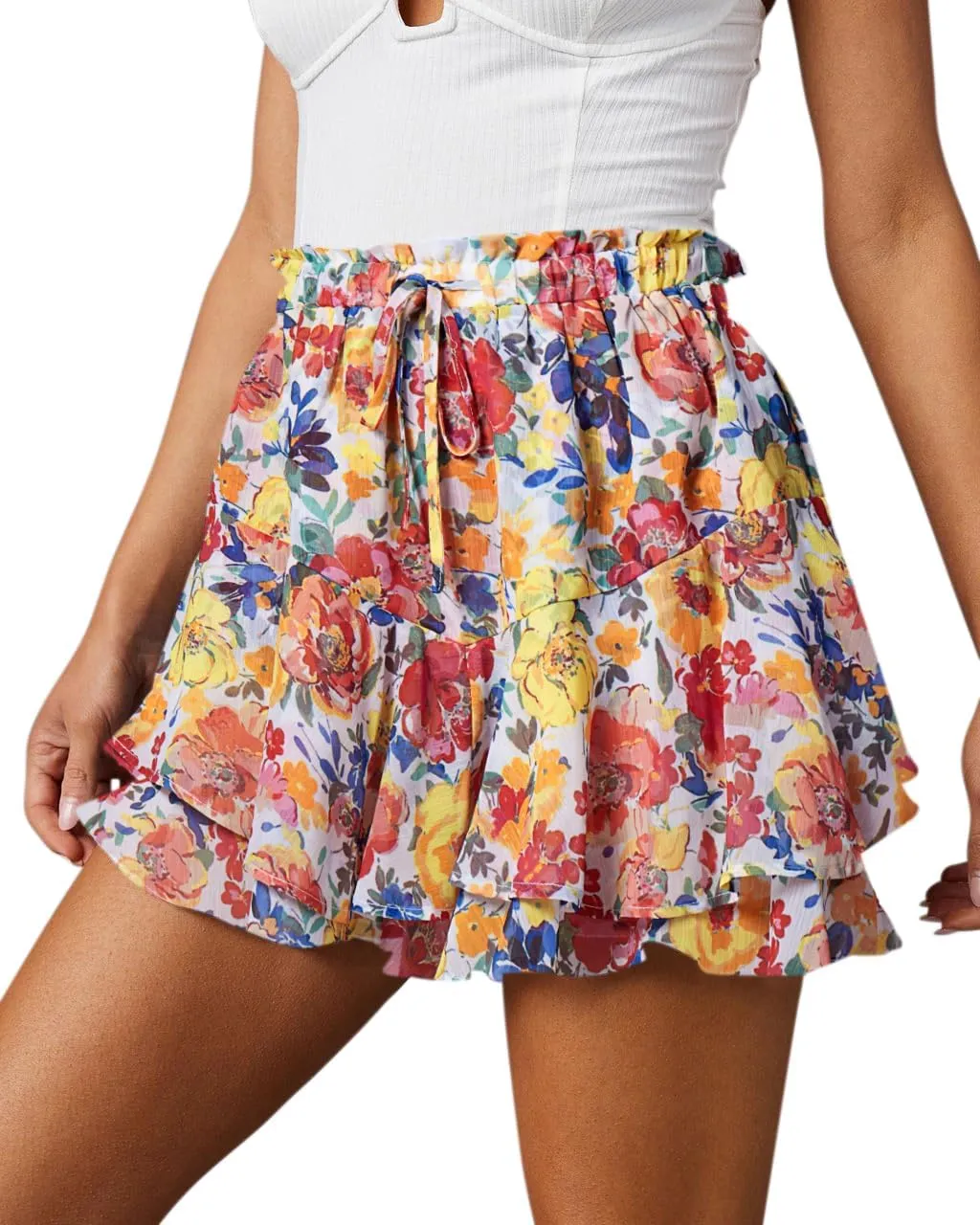 Flowy Shorts for Women Casual Boho Floral Skorts Ruffle Mini Skirts Running Tennis Butterfly Shorts Chiffon Shorts- Flower Red Yellow M