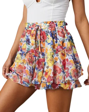 Flowy Shorts for Women Casual Boho Floral Skorts Ruffle Mini Skirts Running Tennis Butterfly Shorts Chiffon Shorts- Flower Red Yellow M