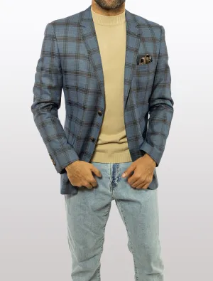 FUBU Blue with Brown Windowpane Slim Fit Sport Jacket