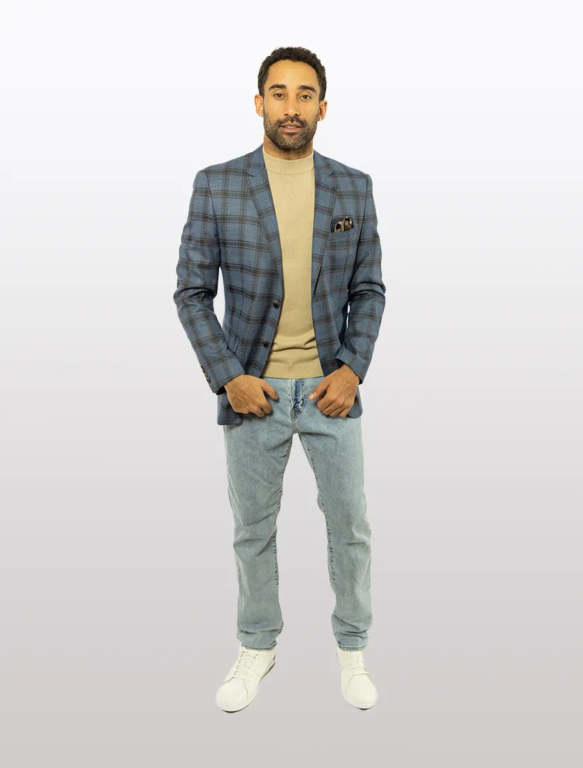 FUBU Blue with Brown Windowpane Slim Fit Sport Jacket