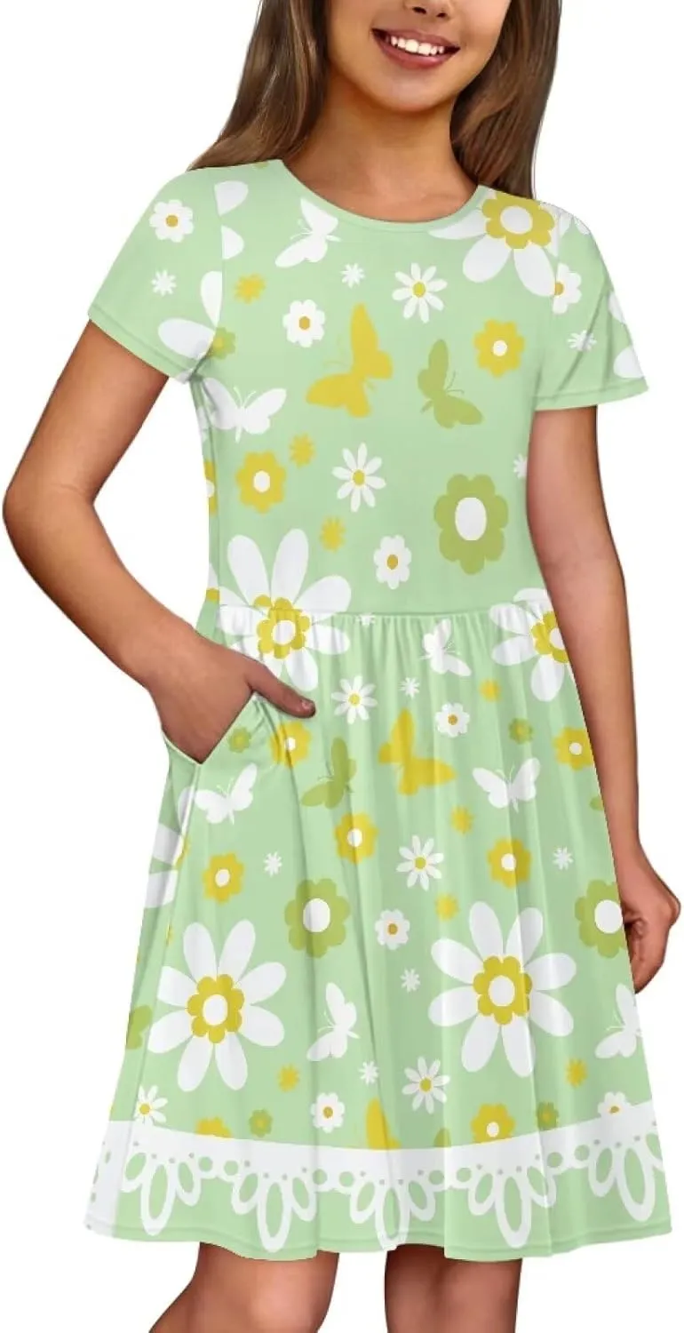 Girls Summer Dress Short Sleeve Party Dresses for Girls 2-14
