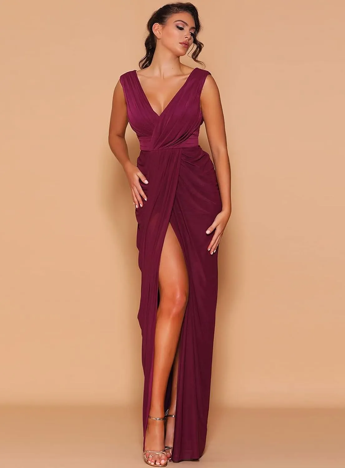 GOEBAODEEN V Neck Long Bridesmaid Dresses for Wedding Sheath Pleated Chiffon High Slit Formal Evening Gown