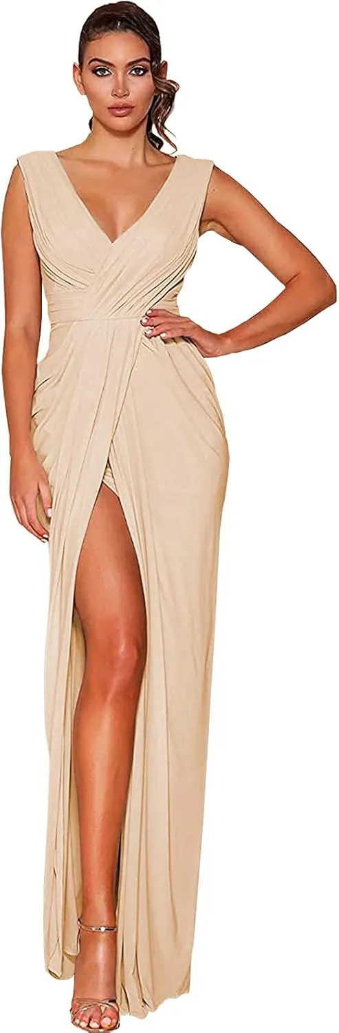GOEBAODEEN V Neck Long Bridesmaid Dresses for Wedding Sheath Pleated Chiffon High Slit Formal Evening Gown