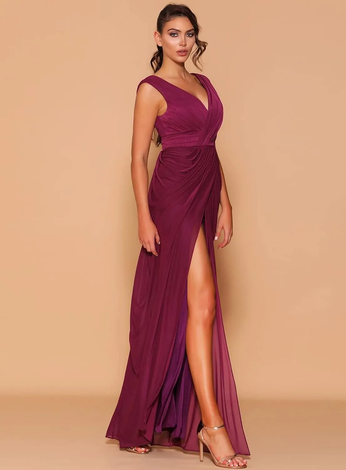 GOEBAODEEN V Neck Long Bridesmaid Dresses for Wedding Sheath Pleated Chiffon High Slit Formal Evening Gown