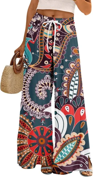 GOFULY Wide Leg Pants Women High Waisted Fall Floral Print Beach Pants Drawstring Elastic Waist Side Slit Pockets Trousers