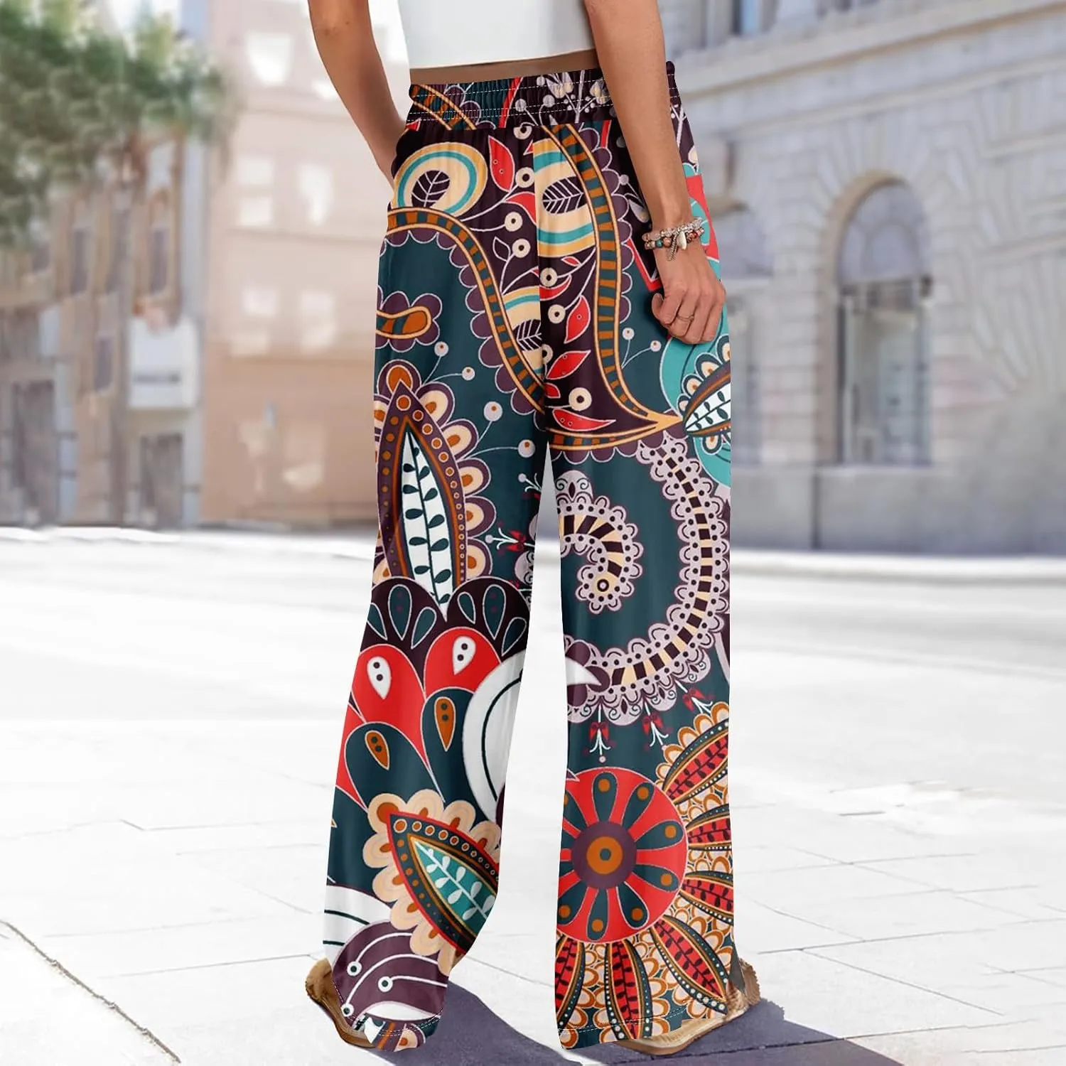 GOFULY Wide Leg Pants Women High Waisted Fall Floral Print Beach Pants Drawstring Elastic Waist Side Slit Pockets Trousers