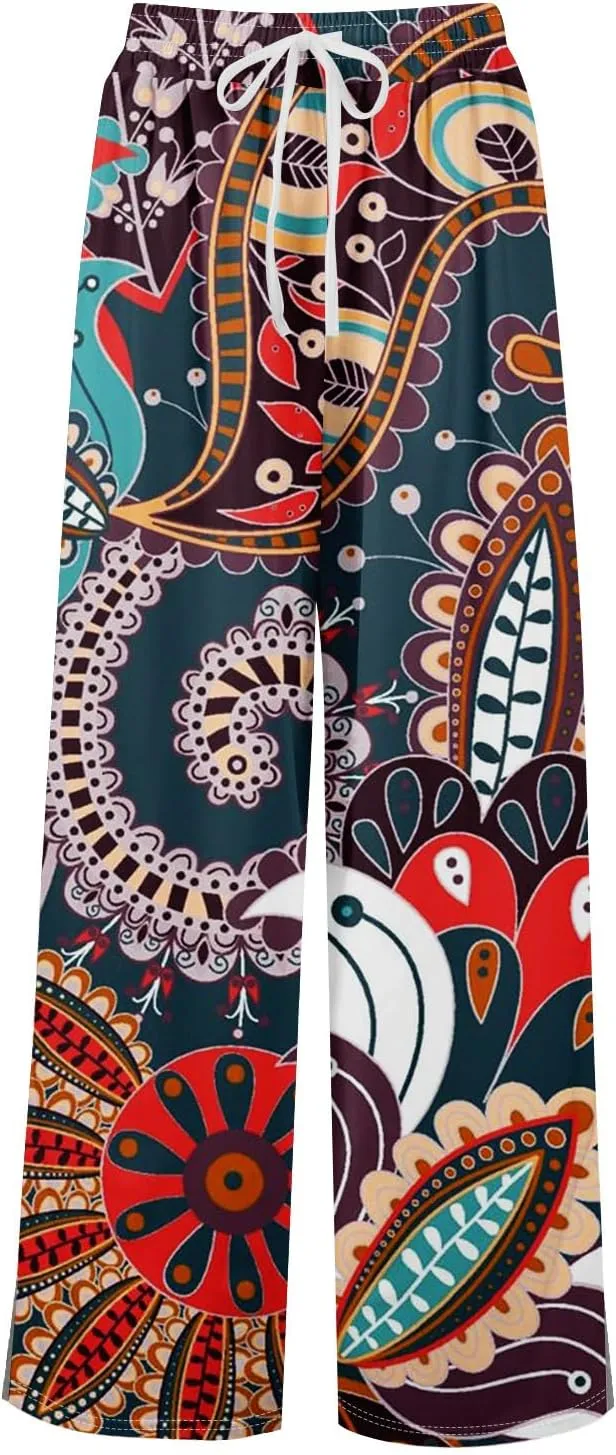 GOFULY Wide Leg Pants Women High Waisted Fall Floral Print Beach Pants Drawstring Elastic Waist Side Slit Pockets Trousers
