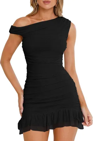 GOKATOSAU Women's One Off Shoulder Sleeveless Bodycon Ruched Mesh Ruffle Hem Mini Dress