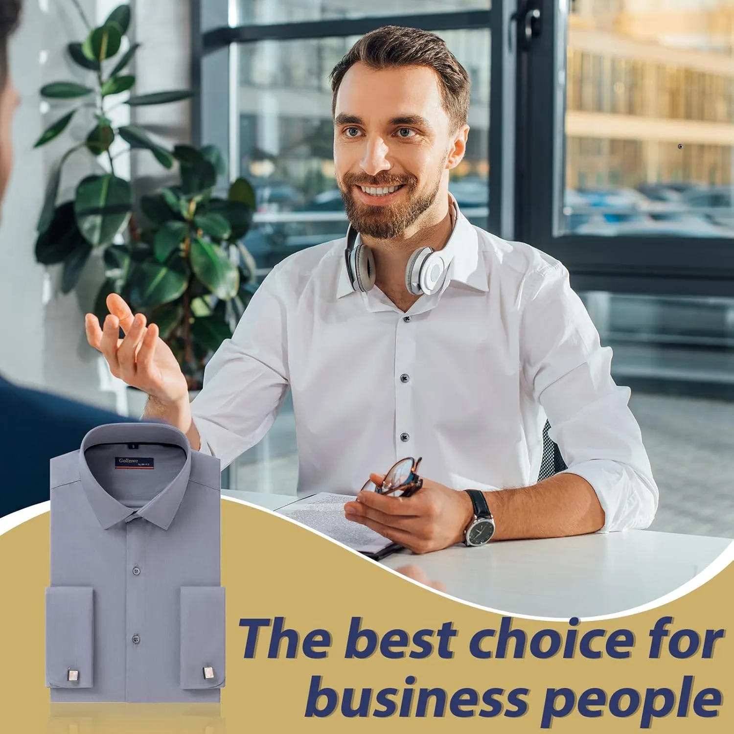 Gollnwe Men's Dress Shirt French Cuff Shirt for Men Slim Fit Stretch Spread Collar with Metal Cufflink