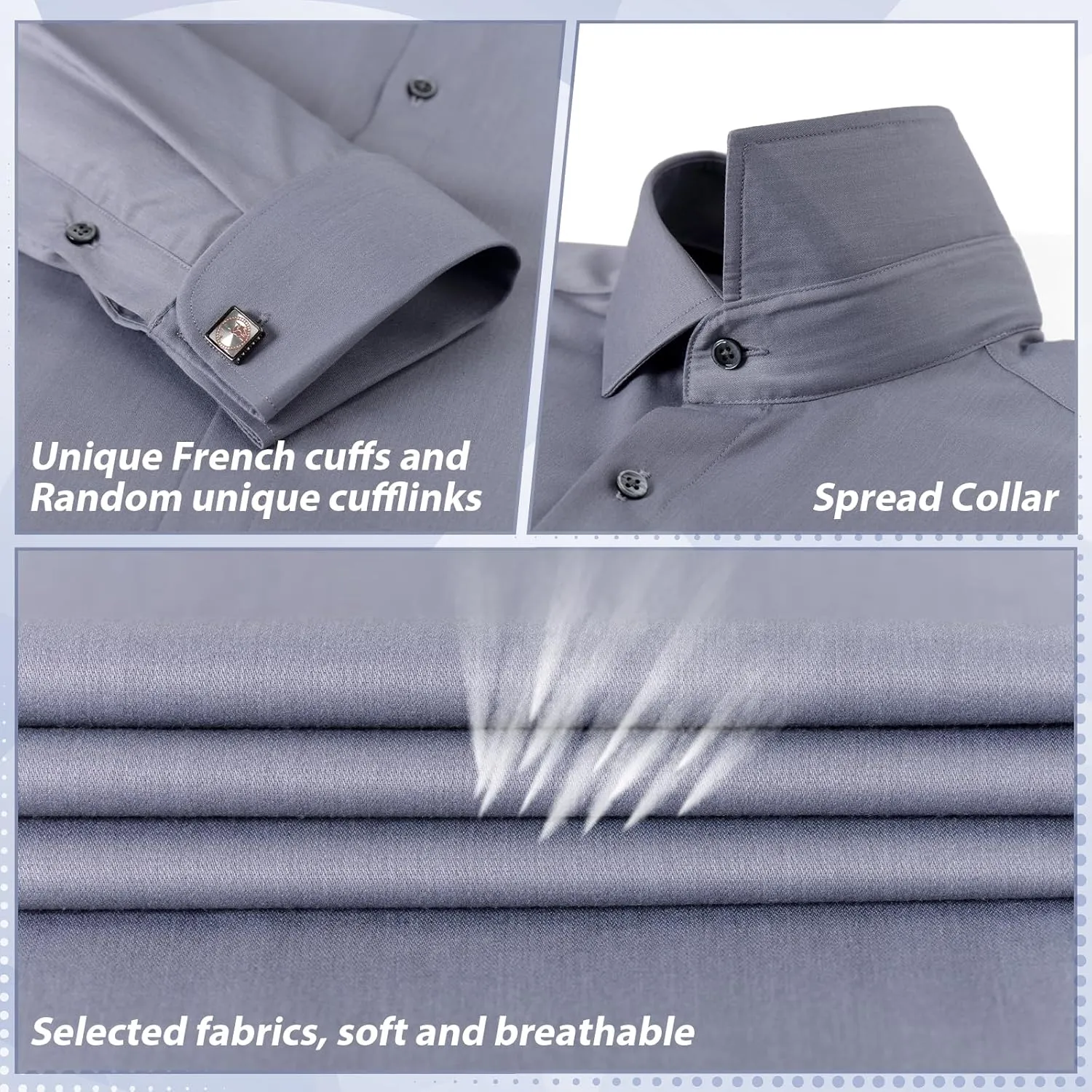 Gollnwe Men's Dress Shirt French Cuff Shirt for Men Slim Fit Stretch Spread Collar with Metal Cufflink