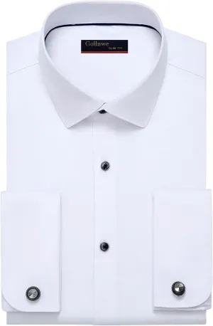 Gollnwe Men's Dress Shirt French Cuff Shirt for Men Slim Fit Stretch Spread Collar with Metal Cufflink