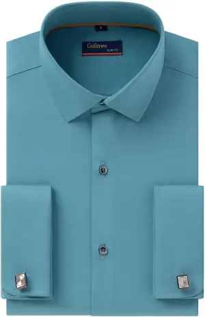 Gollnwe Men's Dress Shirt French Cuff Shirt for Men Slim Fit Stretch Spread Collar with Metal Cufflink