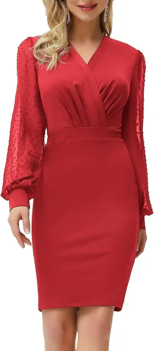 GRACE KARIN Women's Pencil Work Dresses Long Sleeve Wrap V Neck Bodycon Business Dress Elegant Cocktail Party Work