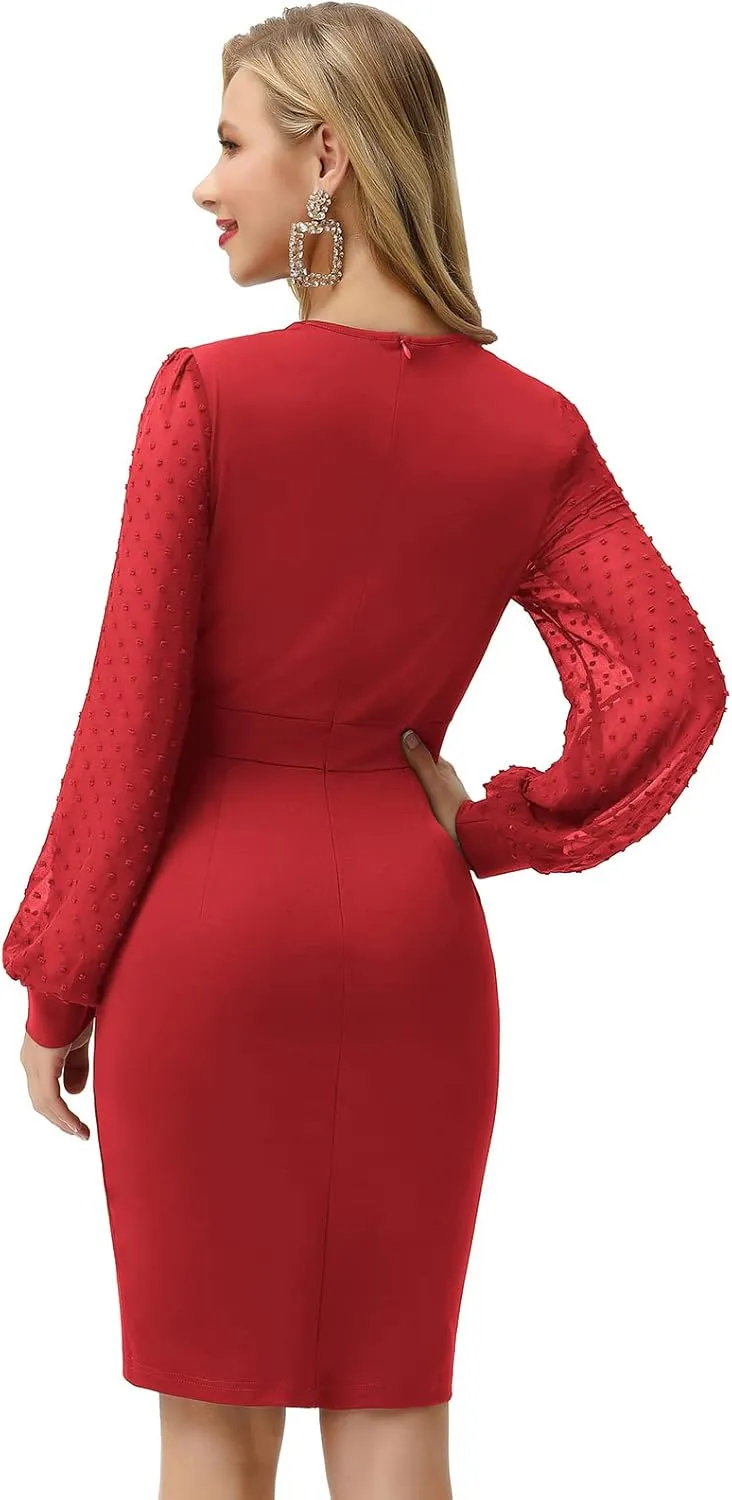 GRACE KARIN Women's Pencil Work Dresses Long Sleeve Wrap V Neck Bodycon Business Dress Elegant Cocktail Party Work