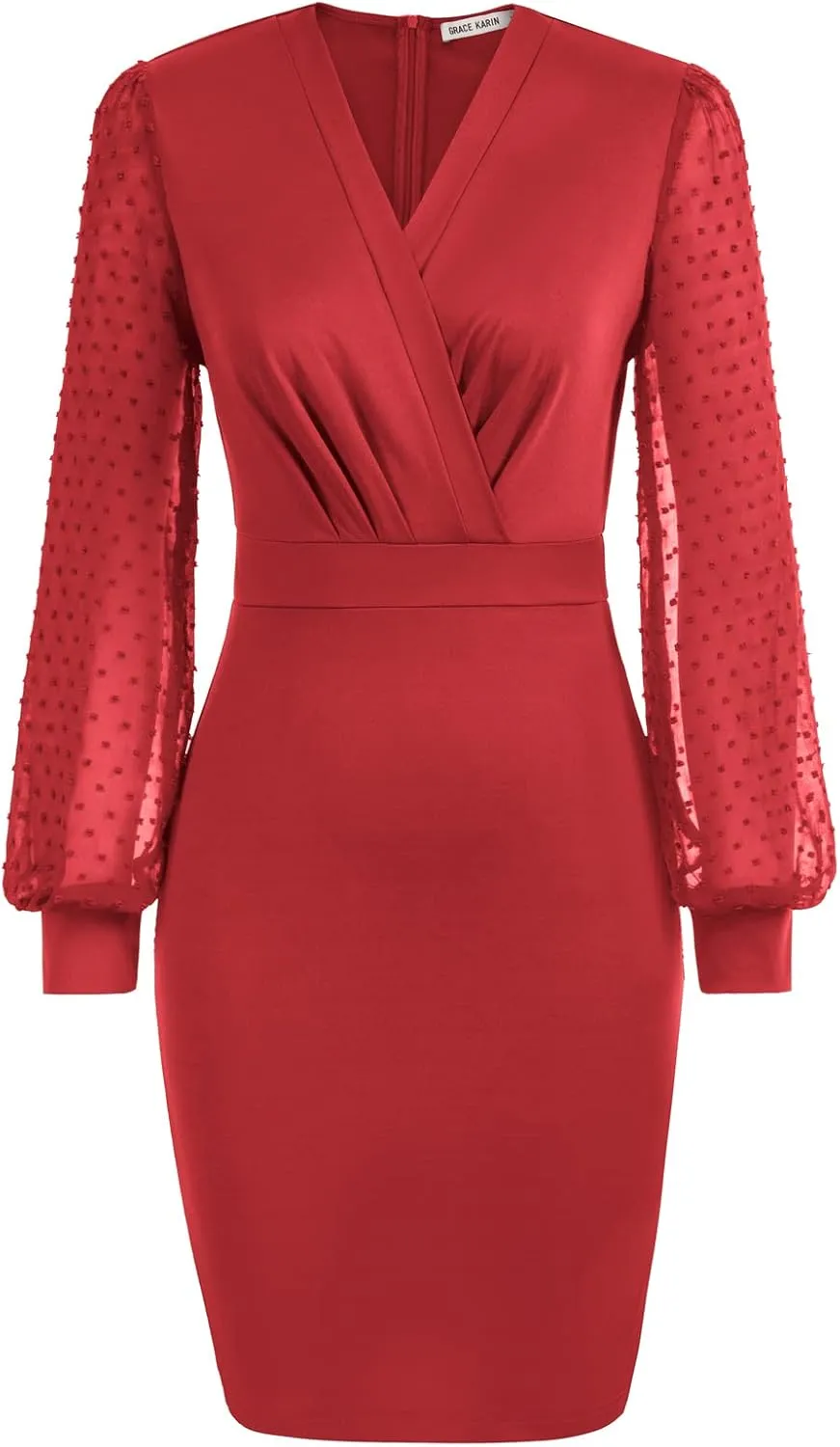 GRACE KARIN Women's Pencil Work Dresses Long Sleeve Wrap V Neck Bodycon Business Dress Elegant Cocktail Party Work
