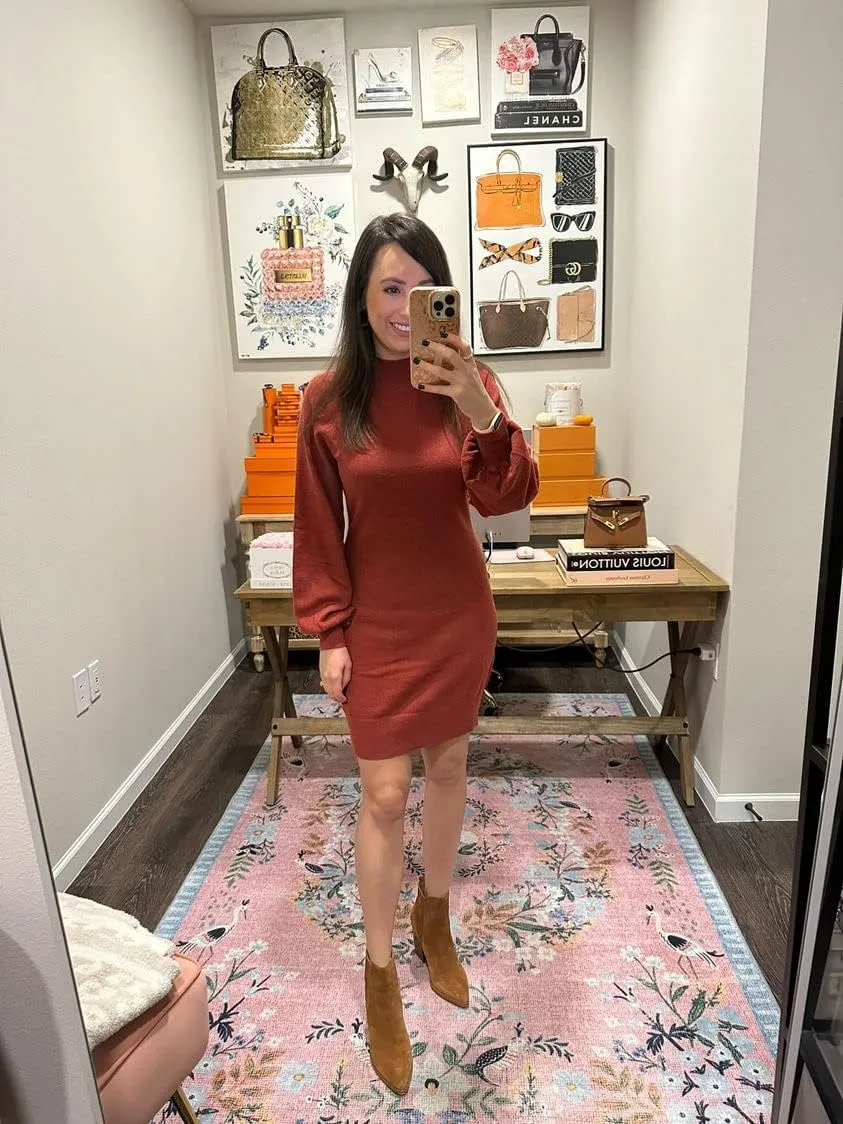 GRECERELLE Women's Mock Neck Ribbed Long Sleeve Bodycon Pullover Cute Mini Sweater Dress