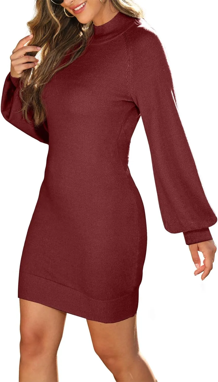 GRECERELLE Women's Mock Neck Ribbed Long Sleeve Bodycon Pullover Cute Mini Sweater Dress