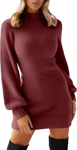 GRECERELLE Women's Mock Neck Ribbed Long Sleeve Bodycon Pullover Cute Mini Sweater Dress